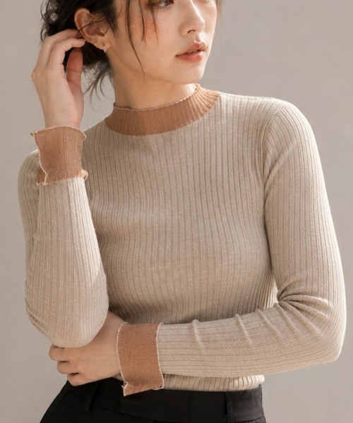 United store(ユナイテッドストア)の「シアーリブメロウハイネックトップス(Tシャツ/カットソー・レディース・キャメル/ブラック・FREE)」の2枚目の写真