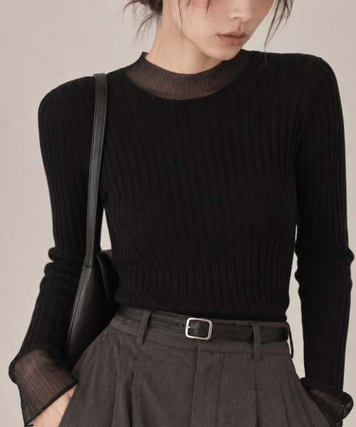 United store(ユナイテッドストア)の「シアーリブメロウハイネックトップス(Tシャツ/カットソー・レディース・キャメル/ブラック・FREE)」の1枚目の写真