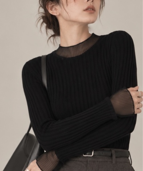 United store(ユナイテッドストア)の「シアーリブメロウハイネックトップス(Tシャツ/カットソー・レディース・キャメル/ブラック・FREE)」の4枚目の写真