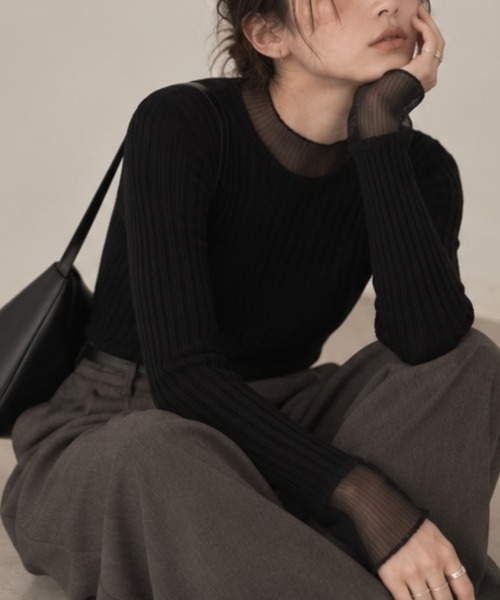 United store(ユナイテッドストア)の「シアーリブメロウハイネックトップス(Tシャツ/カットソー・レディース・キャメル/ブラック・FREE)」の5枚目の写真