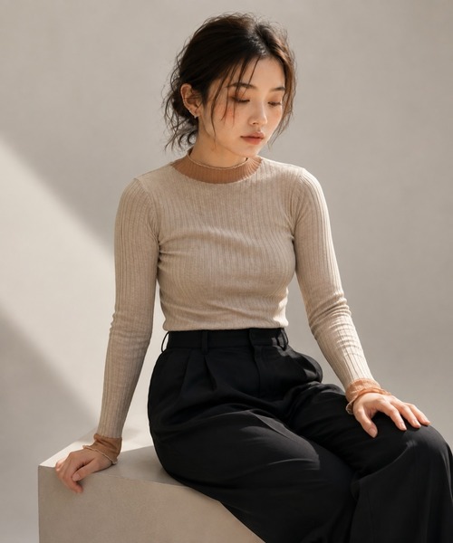 United store(ユナイテッドストア)の「シアーリブメロウハイネックトップス(Tシャツ/カットソー・レディース・キャメル/ブラック・FREE)」の8枚目の写真