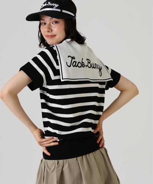 極美品　ジャックバニー　M セーラーカラー 半袖ニット ネイビー サイズ1 セール】【Jack Bunny!!】【CINEMA MONOTONE】14G3PLYカノコ編み