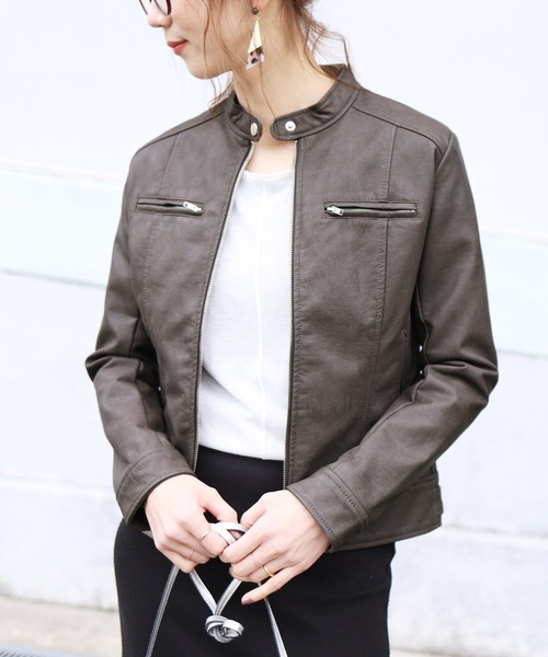 reca（レカ）の「ライダースシングルジャケット（ライダースジャケット・レディース・ブラック/キャメル/グレー/ピンク/アイボリー/ライトカーキ/ライトグレー/ベージュ/カーキ/ブラウン・M/L）」の5枚目の写真