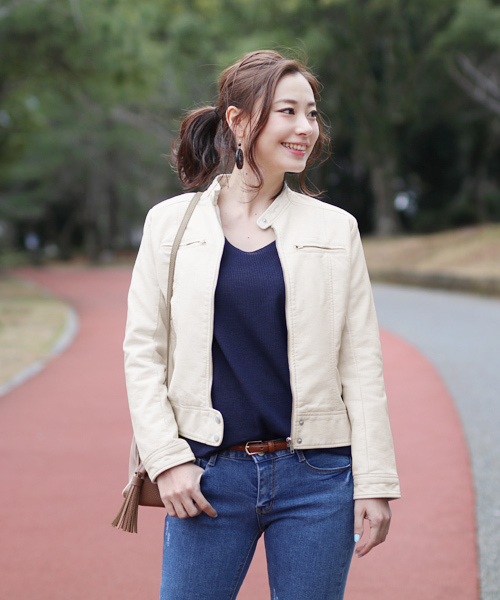 reca（レカ）の「ライダースシングルジャケット（ライダースジャケット・レディース・ブラック/キャメル/グレー/ピンク/アイボリー/ライトカーキ/ライトグレー/ベージュ/カーキ/ブラウン・M/L）」の2枚目の写真