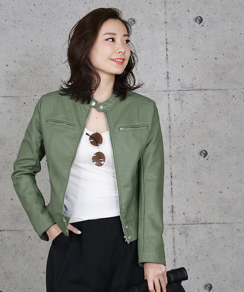 reca（レカ）の「ライダースシングルジャケット（ライダースジャケット・レディース・ブラック/キャメル/グレー/ピンク/アイボリー/ライトカーキ/ライトグレー/ベージュ/カーキ/ブラウン・M/L）」の8枚目の写真