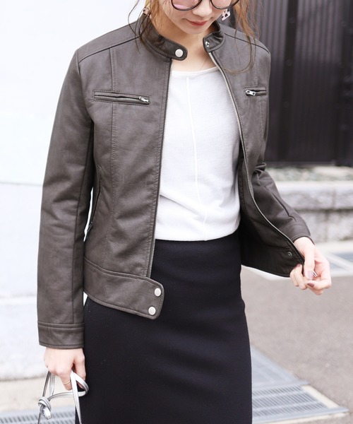 reca（レカ）の「ライダースシングルジャケット（ライダースジャケット・レディース・ブラック/キャメル/グレー/ピンク/アイボリー/ライトカーキ/ライトグレー/ベージュ/カーキ/ブラウン・M/L）」の22枚目の写真