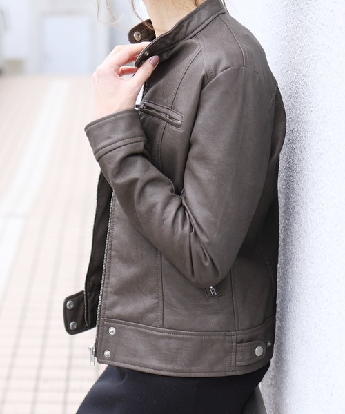 reca（レカ）の「ライダースシングルジャケット（ライダースジャケット・レディース・ブラック/キャメル/グレー/ピンク/アイボリー/ライトカーキ/ライトグレー/ベージュ/カーキ/ブラウン・M/L）」の21枚目の写真