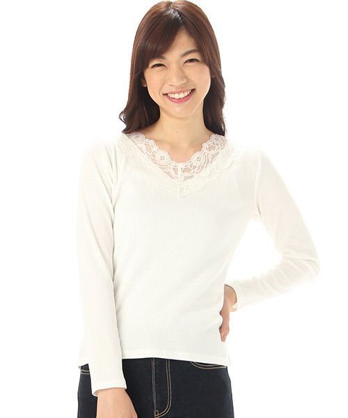 Honeys（ハニーズ）の「レースＶネックＴシャツ（Tシャツ/カットソー・レディース・オフホワイト/ブラック/パープル/ライトグレー・L/M）」の2枚目の写真