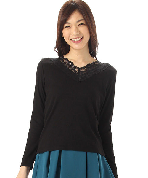 Honeys（ハニーズ）の「レースＶネックＴシャツ（Tシャツ/カットソー・レディース・オフホワイト/ブラック/パープル/ライトグレー・L/M）」の3枚目の写真