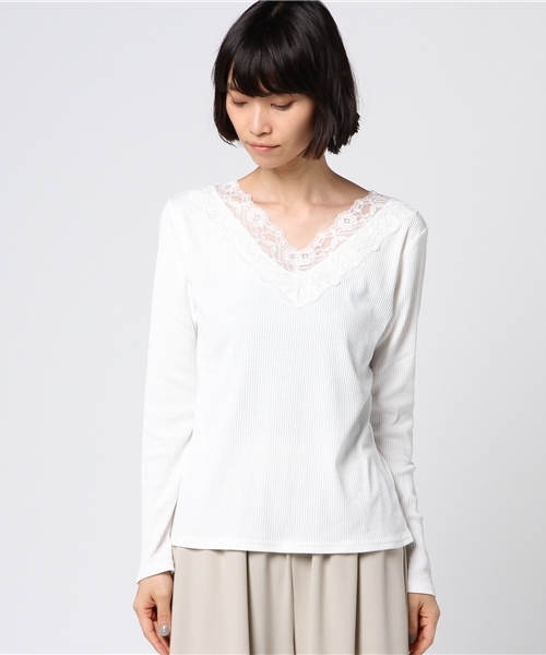 Honeys（ハニーズ）の「レースＶネックＴシャツ（Tシャツ/カットソー・レディース・オフホワイト/ブラック/パープル/ライトグレー・L/M）」の7枚目の写真