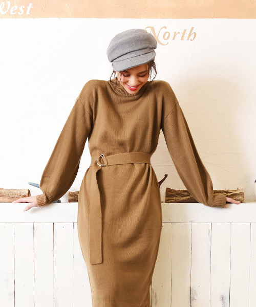 Luz Llena（ラズレナ）の「ベルト付きニットワンピース（ワンピース・レディース・ブラック/ボルドー/キャメル・MEDIUM）」の4枚目の写真