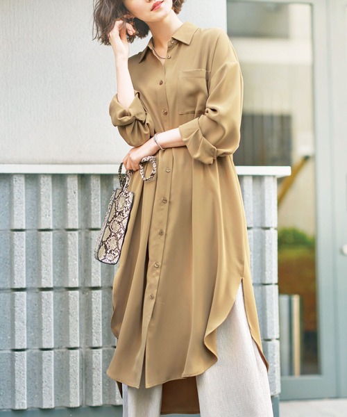 GeeRA（ジーラ）の「【羽織りに/オフィスカジュアル/冷房対策】リネンライク裾スリットロングシャツ（シャツ/ブラウス・レディース・ネイビー/オフホワイト/カーキ/モカ/ストライプ/サンドグレー/アイボリー/ダークカーキ/ベージュ/ブラック/ライトベージュ/ホワイト/ライトカーキ/ブルー系その他・SMALL/MEDIUM/LARGE/X-LARGE/XX-LARGE）」の8枚目の写真