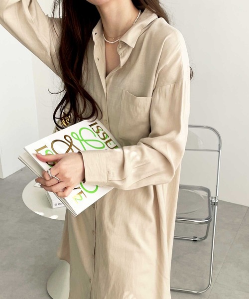 GeeRA（ジーラ）の「【羽織りに/オフィスカジュアル/冷房対策】リネンライク裾スリットロングシャツ（シャツ/ブラウス・レディース・ネイビー/オフホワイト/カーキ/モカ/ストライプ/サンドグレー/アイボリー/ダークカーキ/ベージュ/ブラック/ライトベージュ/ホワイト/ライトカーキ/ブルー系その他・SMALL/MEDIUM/LARGE/X-LARGE/XX-LARGE）」の15枚目の写真