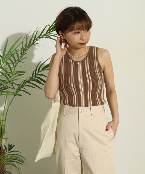 Factor=（ファクターイコール）の「マルチボーダータンク（タンクトップ・レディース・モカ/ベージュ/ブラック・FREE）」の2枚目の写真