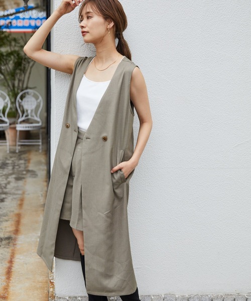 mysty woman(ミスティウーマン)の「バックレースアップロングジレ 218375(ノーカラージャケット・レディース・ダークブラウン/カーキ/オレンジ/ライトブラウン/グリーン系その他/ブラック・FREE)」の4枚目の写真