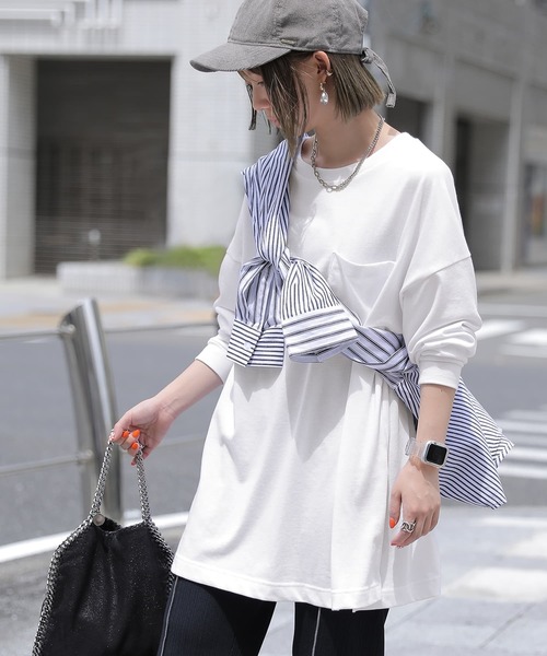 n'OrLABEL（ノアールレーベル）の「『ポケットゆるロンT』（Tシャツ/カットソー・レディース・ブラウン/オフホワイト/カーキ/グレイッシュベージュ/パープル/ブラック/チャコール/グレイッシュブルー/ミント/ラベンダー・FREE）」の2枚目の写真