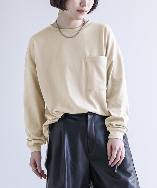 n'OrLABEL（ノアールレーベル）の「『ポケットゆるロンT』（Tシャツ/カットソー・レディース・ブラウン/オフホワイト/カーキ/グレイッシュベージュ/パープル/ブラック/チャコール/グレイッシュブルー/ミント/ラベンダー・FREE）」の5枚目の写真