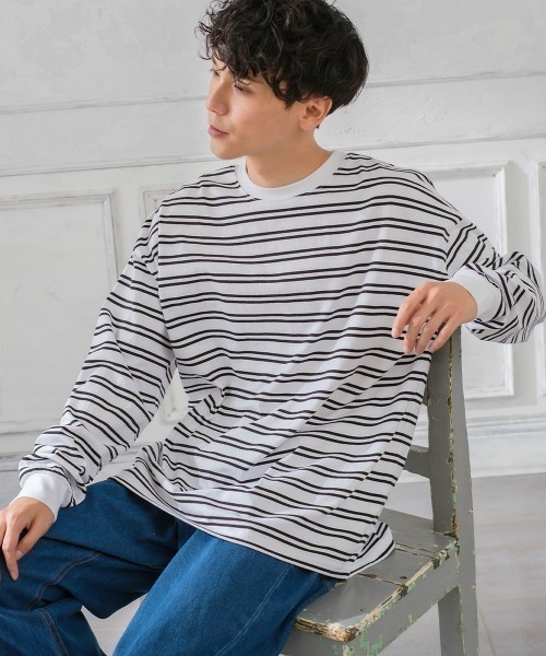 improves（インプローブス）の「ヘビーウエイト ボーダー クルーネック ビッグシルエット ロンT（Tシャツ/カットソー・メンズ・ダークグリーン/グレイッシュベージュ/オフホワイト/ブラック・LARGE/MEDIUM）」の2枚目の写真