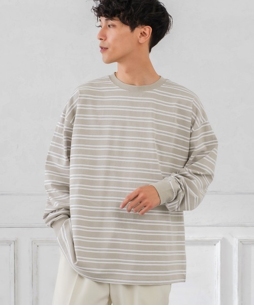 improves（インプローブス）の「ヘビーウエイト ボーダー クルーネック ビッグシルエット ロンT（Tシャツ/カットソー・メンズ・ダークグリーン/グレイッシュベージュ/オフホワイト/ブラック・LARGE/MEDIUM）」の4枚目の写真