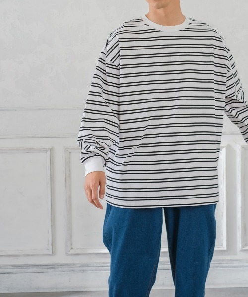improves（インプローブス）の「ヘビーウエイト ボーダー クルーネック ビッグシルエット ロンT（Tシャツ/カットソー・メンズ・ダークグリーン/グレイッシュベージュ/オフホワイト/ブラック・LARGE/MEDIUM）」の5枚目の写真