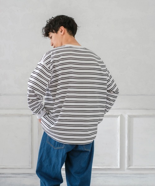 improves（インプローブス）の「ヘビーウエイト ボーダー クルーネック ビッグシルエット ロンT（Tシャツ/カットソー・メンズ・ダークグリーン/グレイッシュベージュ/オフホワイト/ブラック・LARGE/MEDIUM）」の7枚目の写真