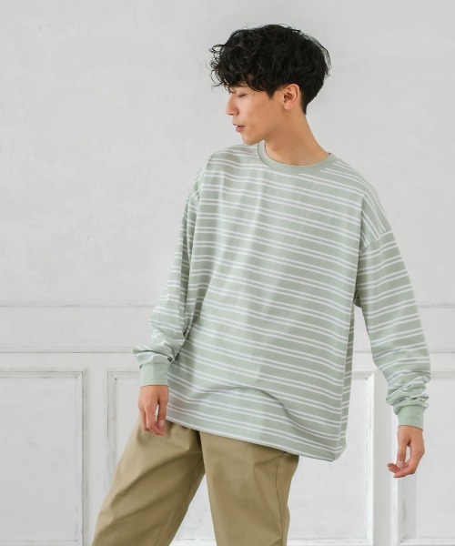 improves（インプローブス）の「ヘビーウエイト ボーダー クルーネック ビッグシルエット ロンT（Tシャツ/カットソー・メンズ・ダークグリーン/グレイッシュベージュ/オフホワイト/ブラック・LARGE/MEDIUM）」の8枚目の写真