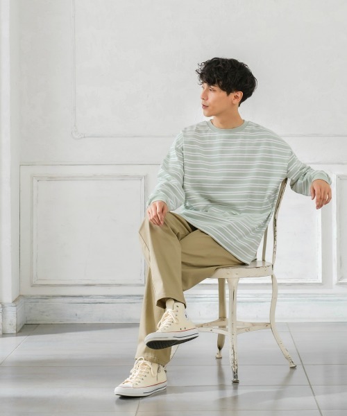 improves（インプローブス）の「ヘビーウエイト ボーダー クルーネック ビッグシルエット ロンT（Tシャツ/カットソー・メンズ・ダークグリーン/グレイッシュベージュ/オフホワイト/ブラック・LARGE/MEDIUM）」の14枚目の写真