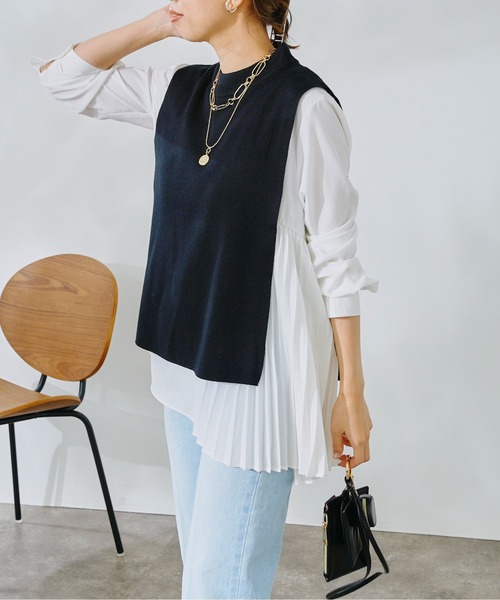 DouDou(ドゥドゥ)の「【WEB限定】プリーツブラウス×ニットベストセット(シャツ/ブラウス・レディース・ブラック/ベージュ/ブルー・FREE)」の2枚目の写真