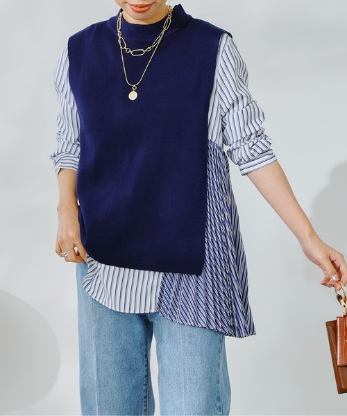 DouDou(ドゥドゥ)の「【WEB限定】プリーツブラウス×ニットベストセット(シャツ/ブラウス・レディース・ブラック/ベージュ/ブルー・FREE)」の6枚目の写真