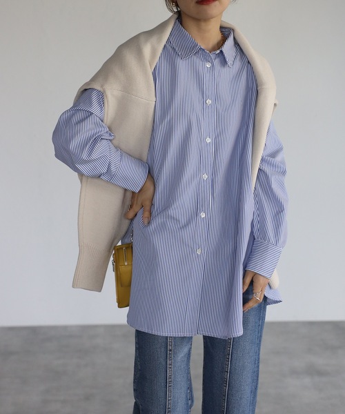 ap retro（アプレトロ）の「【ap retro】ストライプオーバーサイズシャツ（シャツ/ブラウス・レディース・グリーン/ネイビー/レッド・FREE）」の4枚目の写真