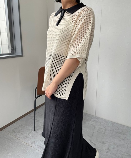 ＪＵＧＬＡＮＳ（ユグランス）の「☆ トレンド感漂う。バイカラーメッシュ編みポロ　163565（ニット/セーター・レディース・ブラック/アイボリー・FREE）」の2枚目の写真