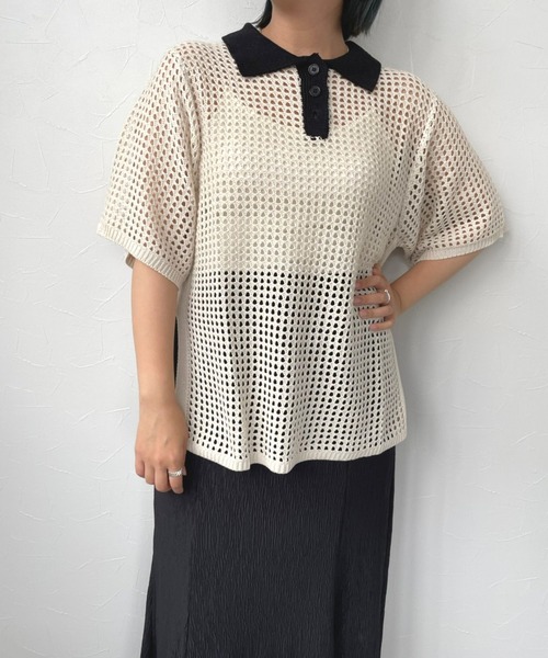 ＪＵＧＬＡＮＳ（ユグランス）の「☆ トレンド感漂う。バイカラーメッシュ編みポロ　163565（ニット/セーター・レディース・ブラック/アイボリー・FREE）」の15枚目の写真