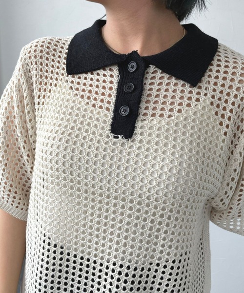 ＪＵＧＬＡＮＳ（ユグランス）の「☆ トレンド感漂う。バイカラーメッシュ編みポロ　163565（ニット/セーター・レディース・ブラック/アイボリー・FREE）」の14枚目の写真