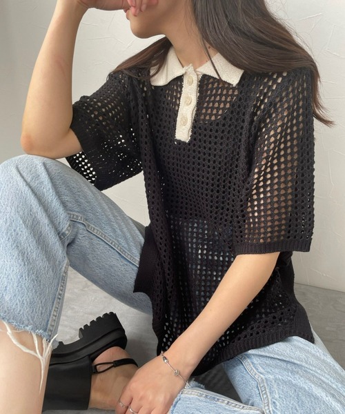 ＪＵＧＬＡＮＳ（ユグランス）の「☆ トレンド感漂う。バイカラーメッシュ編みポロ　163565（ニット/セーター・レディース・ブラック/アイボリー・FREE）」の10枚目の写真