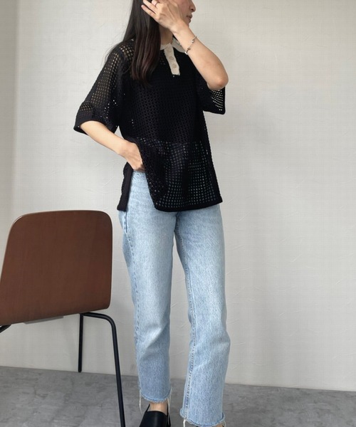 ＪＵＧＬＡＮＳ（ユグランス）の「☆ トレンド感漂う。バイカラーメッシュ編みポロ　163565（ニット/セーター・レディース・ブラック/アイボリー・FREE）」の12枚目の写真