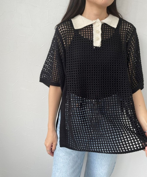 ＪＵＧＬＡＮＳ（ユグランス）の「☆ トレンド感漂う。バイカラーメッシュ編みポロ　163565（ニット/セーター・レディース・ブラック/アイボリー・FREE）」の9枚目の写真