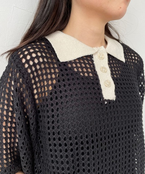 ＪＵＧＬＡＮＳ（ユグランス）の「☆ トレンド感漂う。バイカラーメッシュ編みポロ　163565（ニット/セーター・レディース・ブラック/アイボリー・FREE）」の7枚目の写真