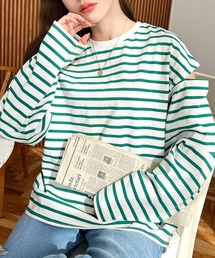 綿100%無地＆ボーダー ショルダーカットアウトロングスリーブTシャツ