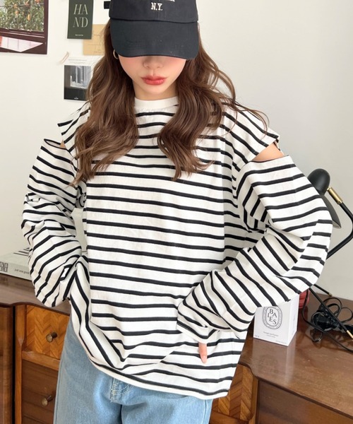 moment+（モーメントプラス）の「綿100%無地＆ボーダー ショルダーカットアウトロングスリーブTシャツ（Tシャツ/カットソー・レディース・ブラック/オフホワイト/ピンク/グリーン/ブラック系その他/ベージュ系その他・M/FREE）」の8枚目の写真