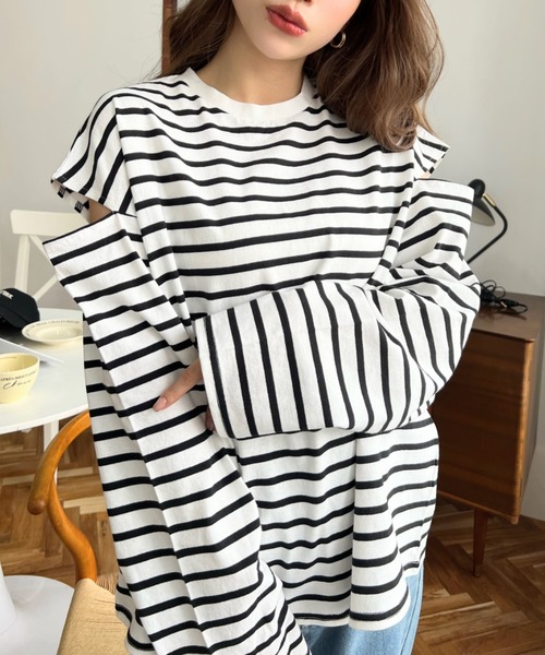 moment+（モーメントプラス）の「綿100%無地＆ボーダー ショルダーカットアウトロングスリーブTシャツ（Tシャツ/カットソー・レディース・ブラック/オフホワイト/ピンク/グリーン/ブラック系その他/ベージュ系その他・M/FREE）」の7枚目の写真