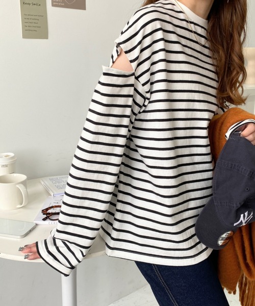 moment+（モーメントプラス）の「綿100%無地＆ボーダー ショルダーカットアウトロングスリーブTシャツ（Tシャツ/カットソー・レディース・ブラック/オフホワイト/ピンク/グリーン/ブラック系その他/ベージュ系その他・M/FREE）」の15枚目の写真