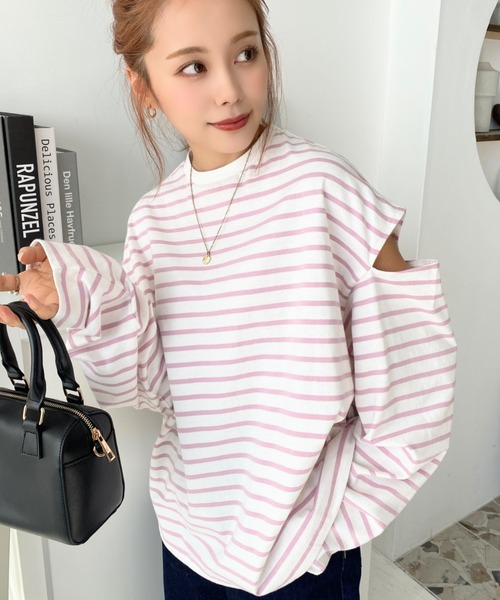 moment+（モーメントプラス）の「綿100%無地＆ボーダー ショルダーカットアウトロングスリーブTシャツ（Tシャツ/カットソー・レディース・ブラック/オフホワイト/ピンク/グリーン/ブラック系その他/ベージュ系その他・M/FREE）」の21枚目の写真