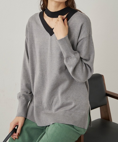 CLEARIMPRESSION （クリアインプレッション）の「バイカラーオープンVネックニット（ニット/セーター・レディース・ピンク/グレー・FREE）」の7枚目の写真