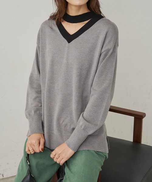 CLEARIMPRESSION （クリアインプレッション）の「バイカラーオープンVネックニット（ニット/セーター・レディース・ピンク/グレー・FREE）」の6枚目の写真