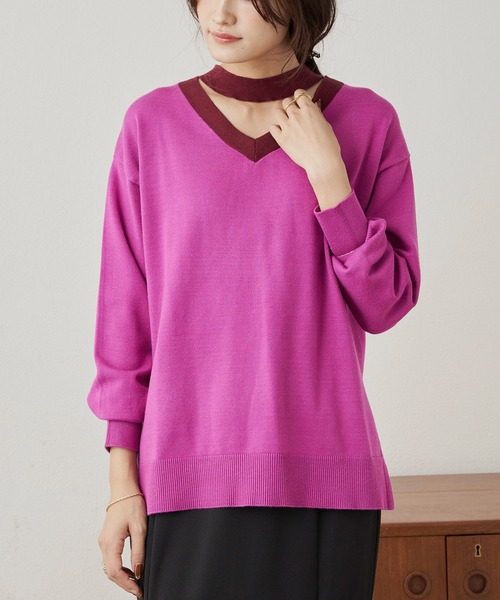 CLEARIMPRESSION （クリアインプレッション）の「バイカラーオープンVネックニット（ニット/セーター・レディース・ピンク/グレー・FREE）」の18枚目の写真