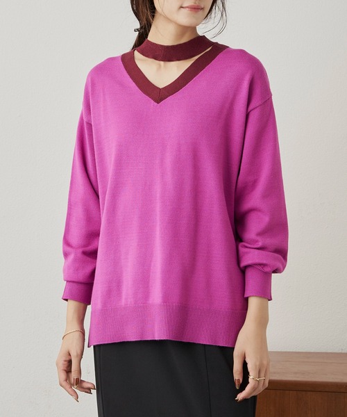 CLEARIMPRESSION （クリアインプレッション）の「バイカラーオープンVネックニット（ニット/セーター・レディース・ピンク/グレー・FREE）」の20枚目の写真