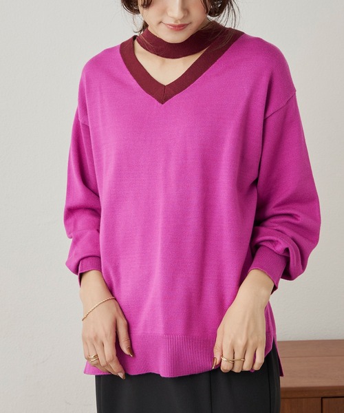 CLEARIMPRESSION （クリアインプレッション）の「バイカラーオープンVネックニット（ニット/セーター・レディース・ピンク/グレー・FREE）」の19枚目の写真