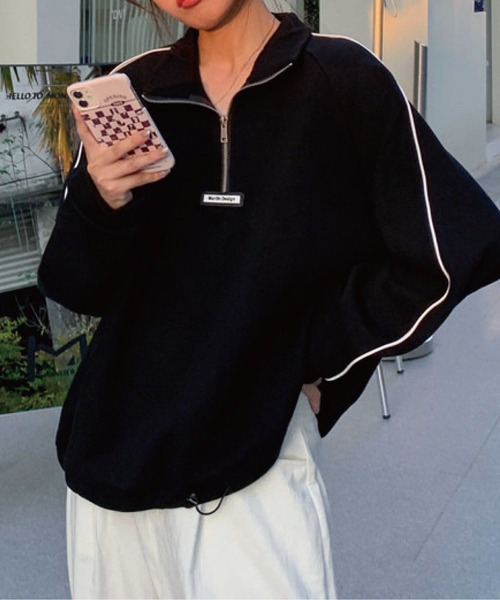 meJane（ミージェーン）の「バイカラーラインハーフジップアップ裏起毛スウェットトレーナー（スウェット・レディース・ホワイト/ブラック/グレイッシュベージュ/グレー・FREE）」の3枚目の写真