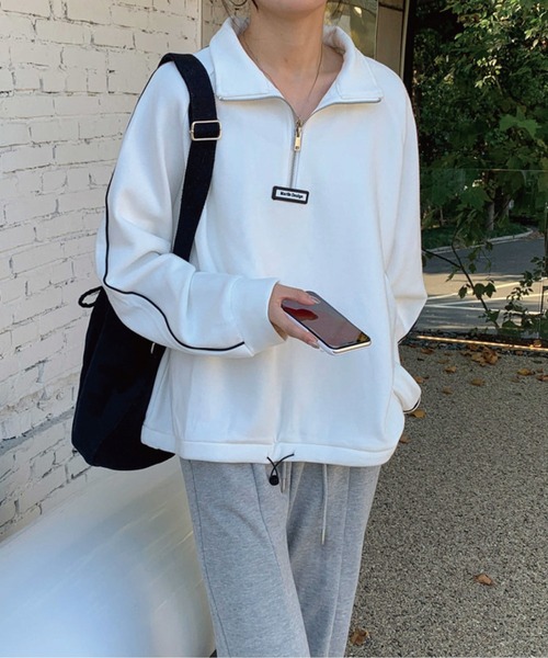meJane（ミージェーン）の「バイカラーラインハーフジップアップ裏起毛スウェットトレーナー（スウェット・レディース・ホワイト/ブラック/グレイッシュベージュ/グレー・FREE）」の9枚目の写真