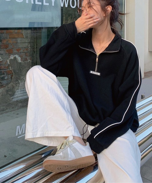 meJane（ミージェーン）の「バイカラーラインハーフジップアップ裏起毛スウェットトレーナー（スウェット・レディース・ホワイト/ブラック/グレイッシュベージュ/グレー・FREE）」の18枚目の写真